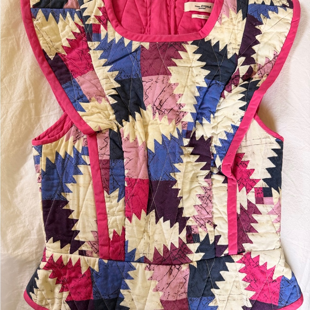 Isabel Marant Hakari Padded Pink Multi-Color Patchwork Fit + Flare Top